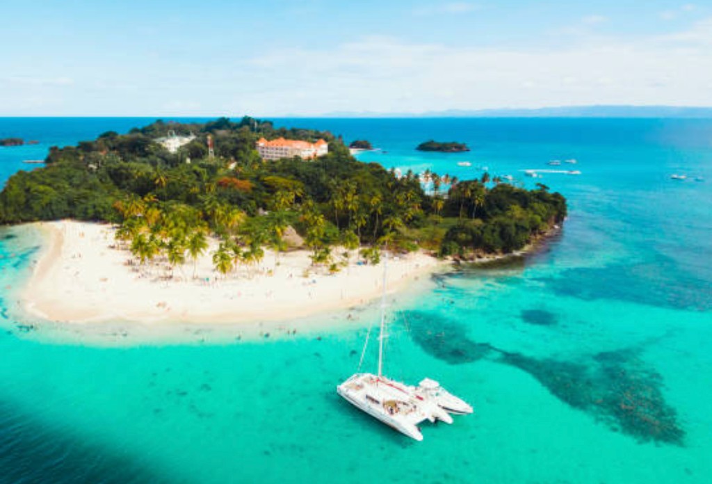 Aerial view of Cayo Levantado island with white sand beach and turquoise water